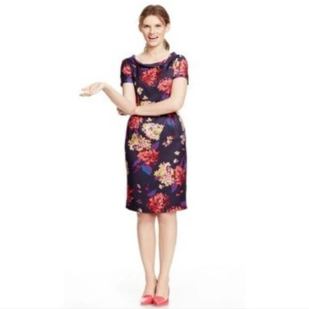 Boden Floral Sheath Silk Roll Collar Dress Navy - Size 2P US (retail $178)